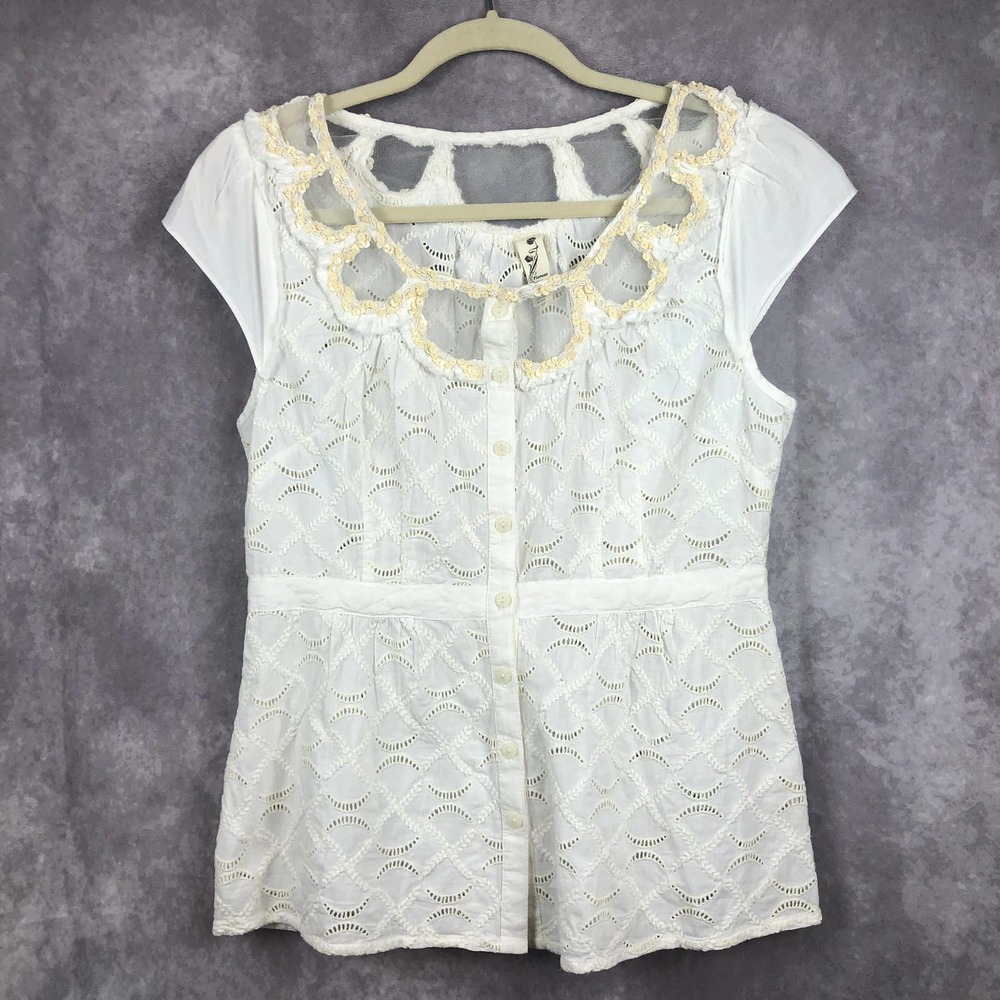 Anthopologie‎ Floreat Sequin Beaded Eyelet Blouse Button Up Blouse White Size 10